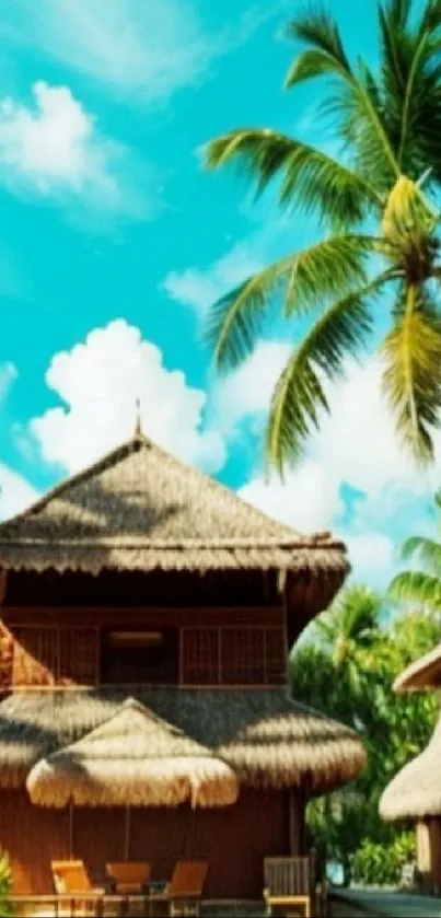Tropical beach with palm trees and huts under a clear blue sky.