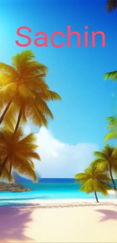 Tropical beach with palm trees and blue ocean under a bright sky.