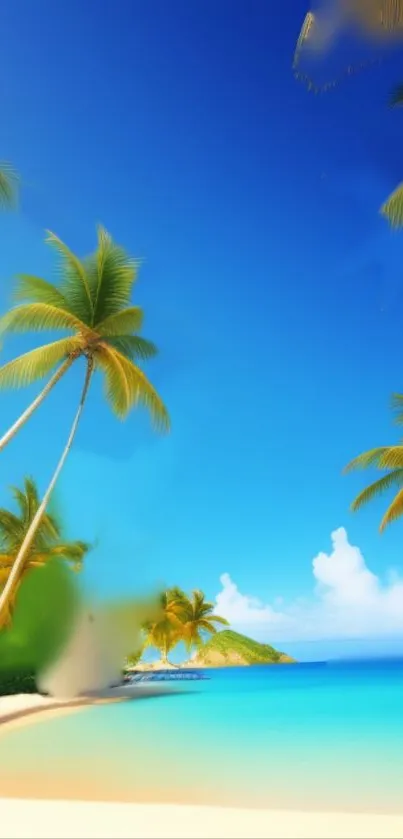 Tropical beach scene with palm trees and blue ocean under clear skies.