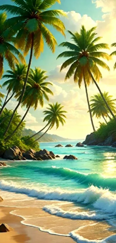 Tropical beach with palm trees and waves under a sunny sky.