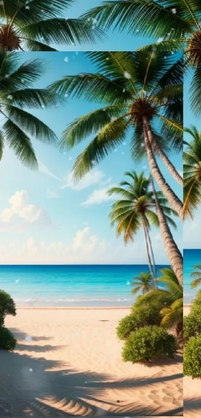 Serene tropical beach with palm trees and clear turquoise waters.