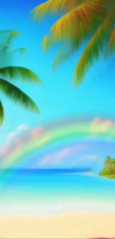 Tropical beach scene with palms and rainbow on a sunny day.