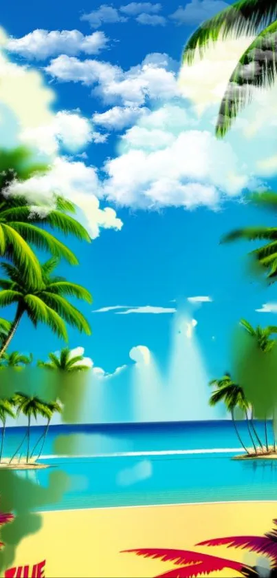 Tropical paradise wallpaper with palm trees and ocean view.