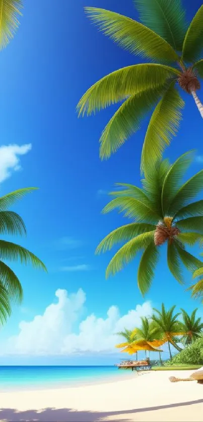 Tropical paradise beach with palm trees and blue sky wallpaper.