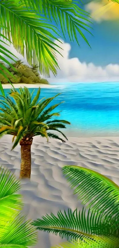 Vibrant tropical beach wallpaper with palm trees and ocean.