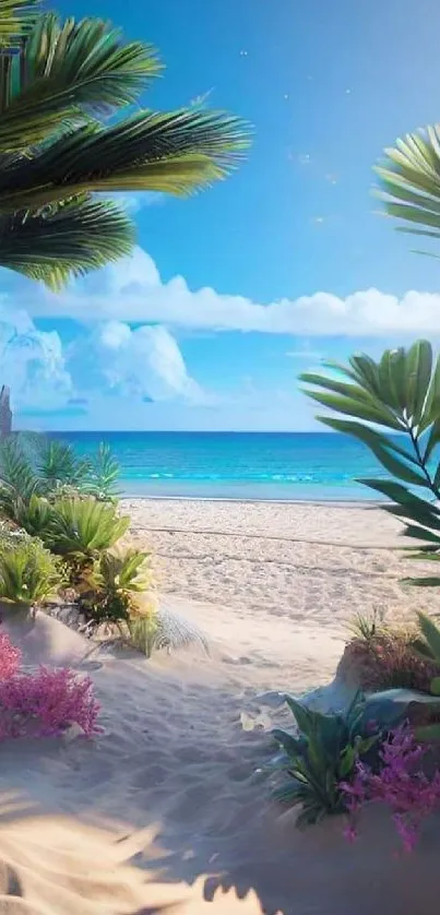 Tropical beach with palm trees and a blue ocean under a bright sky.