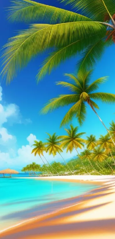 Vibrant tropical beach landscape with palm trees and blue sky.