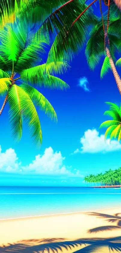 Tropical beach scene with palm trees, ocean, and blue sky.