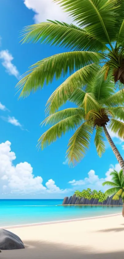 Tropical beach wallpaper with palm trees, blue sky, and azure ocean waters.