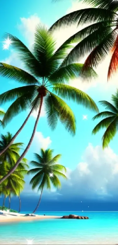 Tropical beach with palm trees, blue ocean, and clear sky.