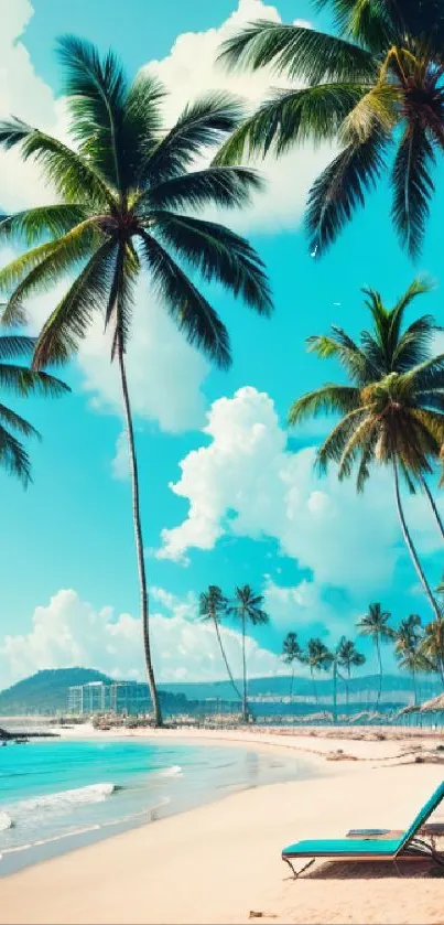 A beautiful tropical beach with turquoise waters and palm trees under a blue sky.