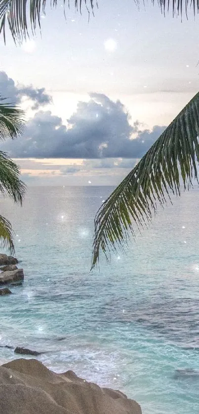 Tropical beach view with palm trees and ocean waves.