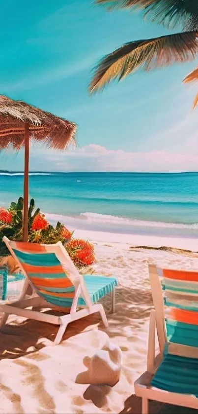 Tropical beach with clear waters and palm trees, perfect for a relaxing vacation.