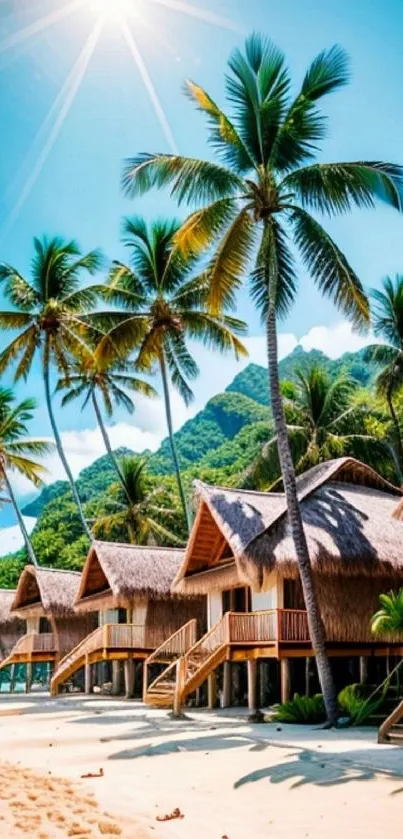 Tropical beach with palm trees and huts under a bright sun.