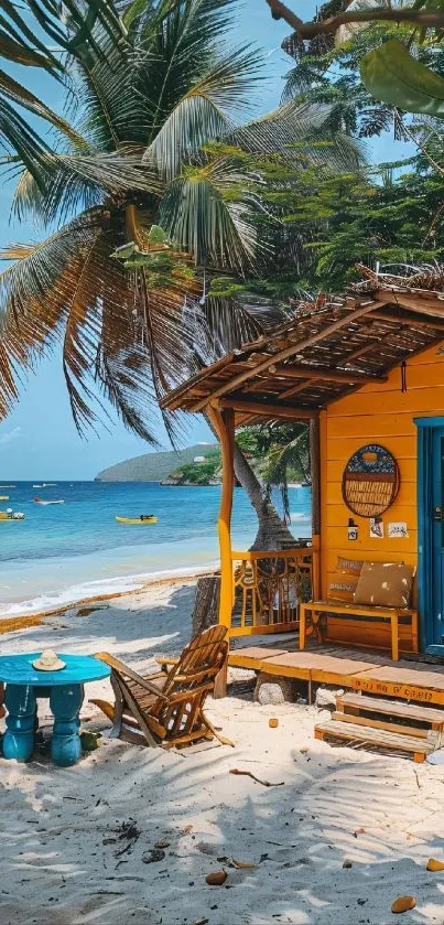 Tropical beach with palm trees and a colorful hut by the ocean.