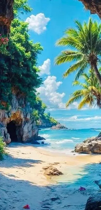 Tropical beach with palm trees and azure ocean on a sunny day.