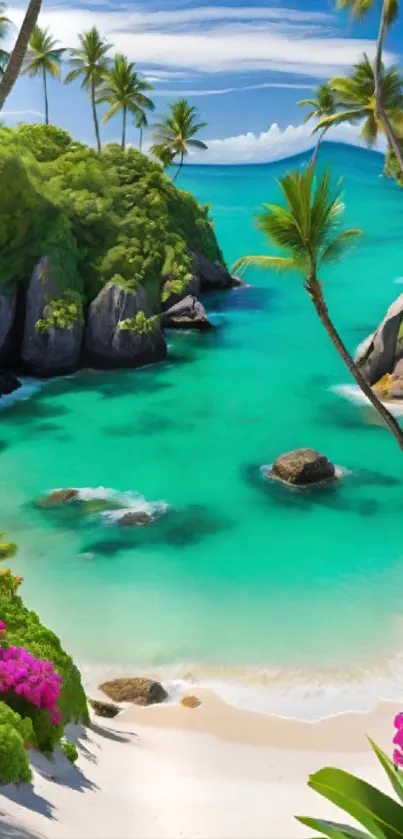 Tropical beach with turquoise sea and palm trees wallpaper.