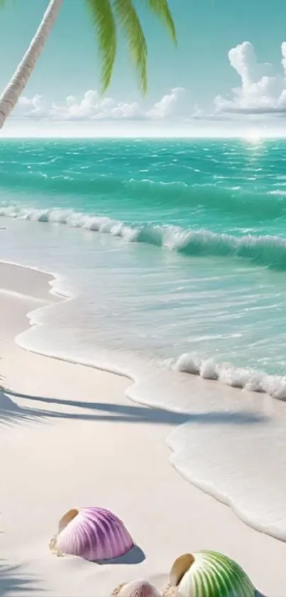 Tropical beach with palm trees and seashells on a sunny day.