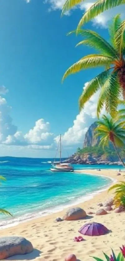 Tropical beach scene with palm trees and serene ocean