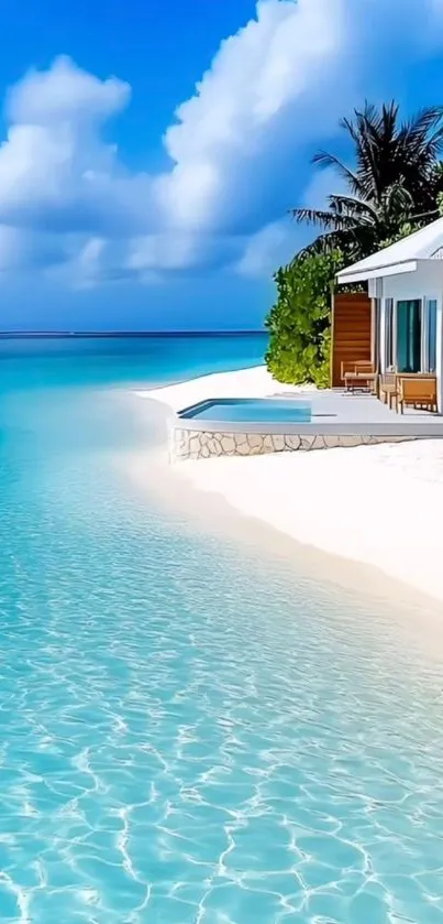 Tropical beach with a serene ocean and a cozy beach house.