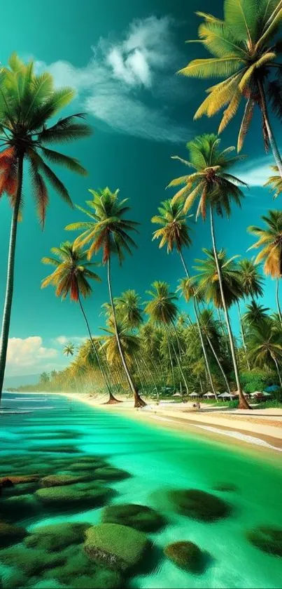 Tropical beach with palm trees and blue waters, perfect mobile wallpaper.