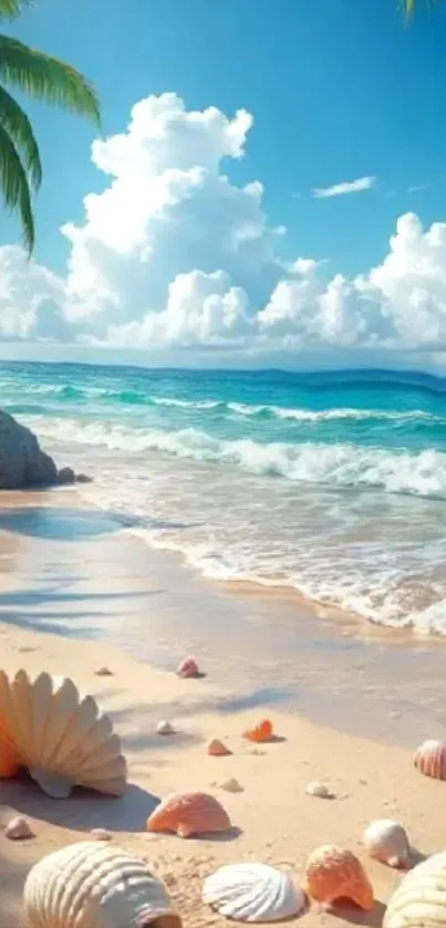 Tropical beach with seashells and palm trees under a blue sky.
