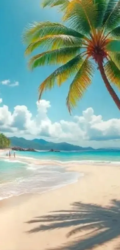 A sunny tropical beach with palm trees and blue ocean.