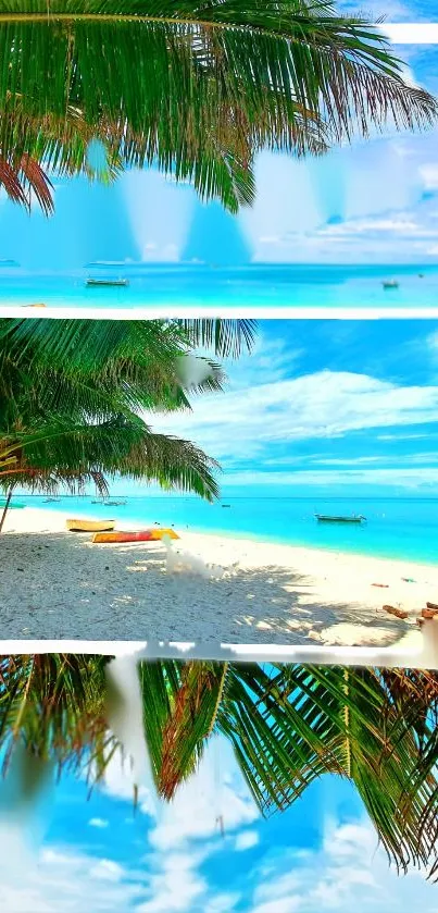 Scenic beach view with palm trees and azure ocean under clear blue skies.