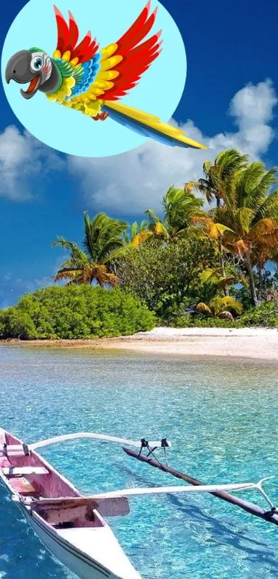 Tropical beach with a vibrant parrot flying over blue waters.