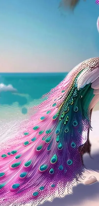 Exotic peacock on a tropical beach with vibrant plumage.