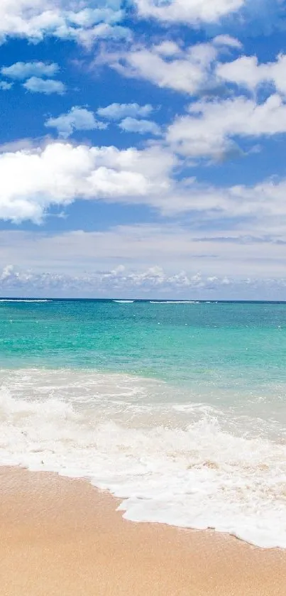 Beautiful tropical beach with azure sky, turquoise water, and golden sand.