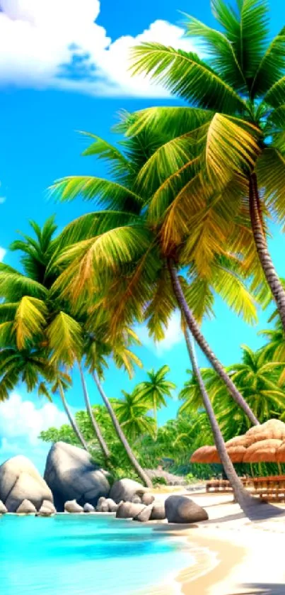 Tropical beach wallpaper with palm trees, blue sky, and ocean view.