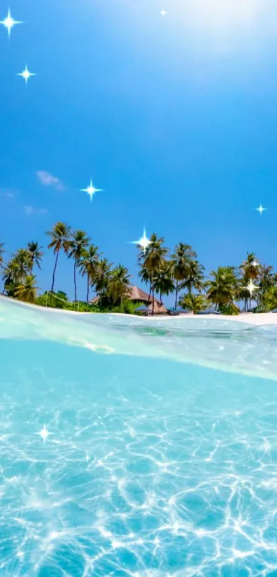 Tropical beach with blue waters and palm trees under a bright sky.