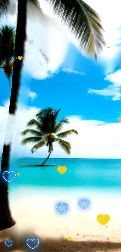 Serene tropical beach with palm trees and turquoise ocean, enhanced with heart icons.