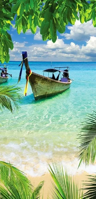Serene tropical beach with boats and lush greenery.