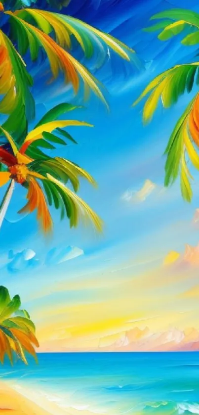 Vibrant tropical beach wallpaper with palms and sunset over ocean.