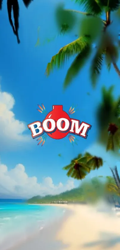 Tropical beach with palm trees and 'Boom' text design.