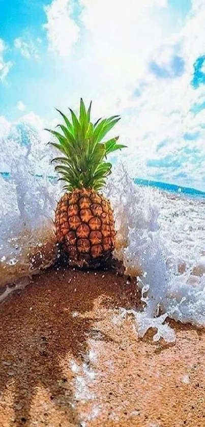 Pineapple on a beach with clear blue sky and waves.