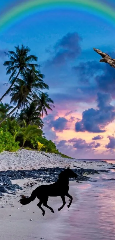 Tropical beach with rainbow, palm trees, and a horse on the shore at sunset.