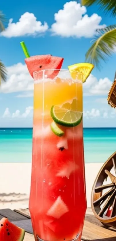 Tropical drink on a sunny beach with palm trees and ocean in the background.