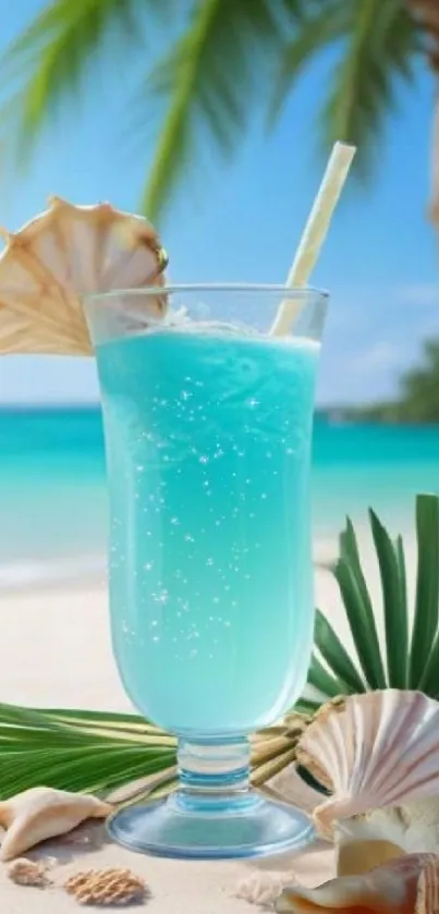 Tropical beach with blue cocktail and seashells under palm trees.