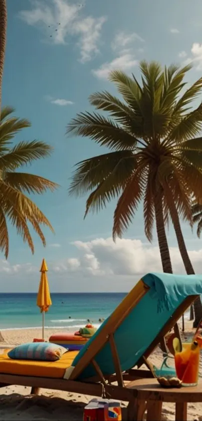 Tropical beach scene with palm trees.