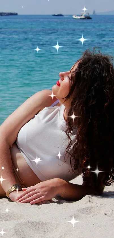 Woman relaxing on a sunny beach with yachts in the blue ocean.