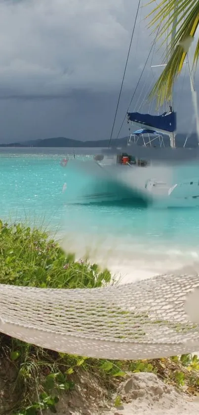 Hammock by the beach with a boat in turquoise waters.
