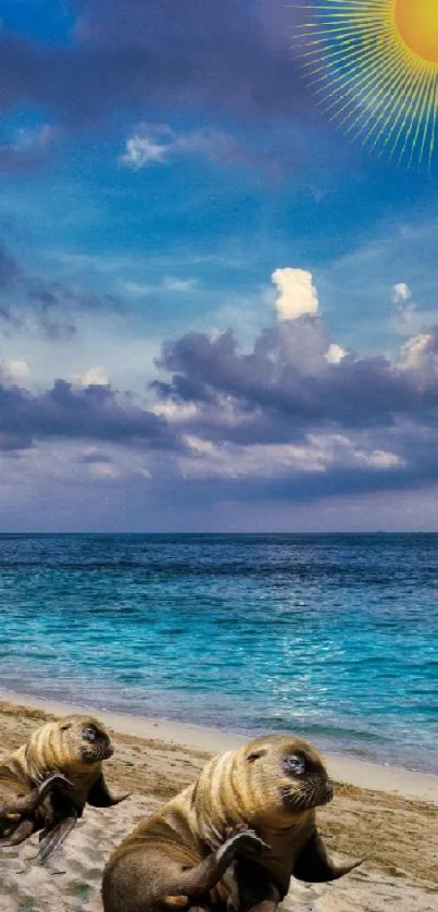 Tropical beach with blue ocean, white sand, and cloudy sky.