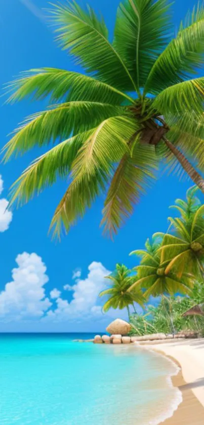 Tropical beach with palm trees under a bright blue sky, perfect for a mobile wallpaper.