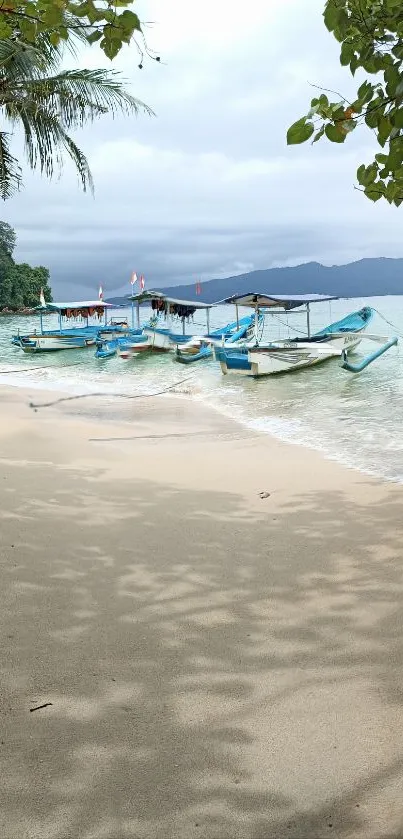 Tropical beach with boats and lush greenery under a cloudy sky.