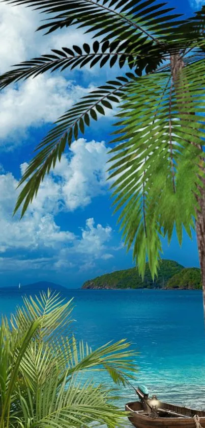 Tropical beach with blue skies and calm ocean.