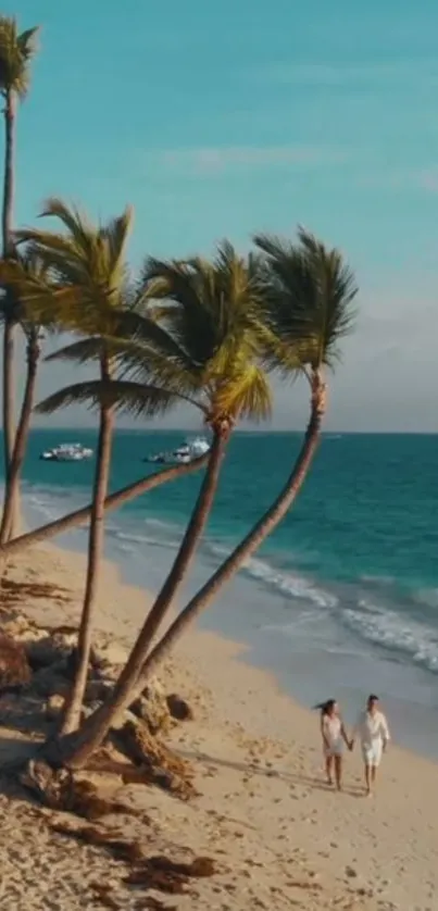 Couple walking along tropical palm-lined beach with blue ocean and sky.