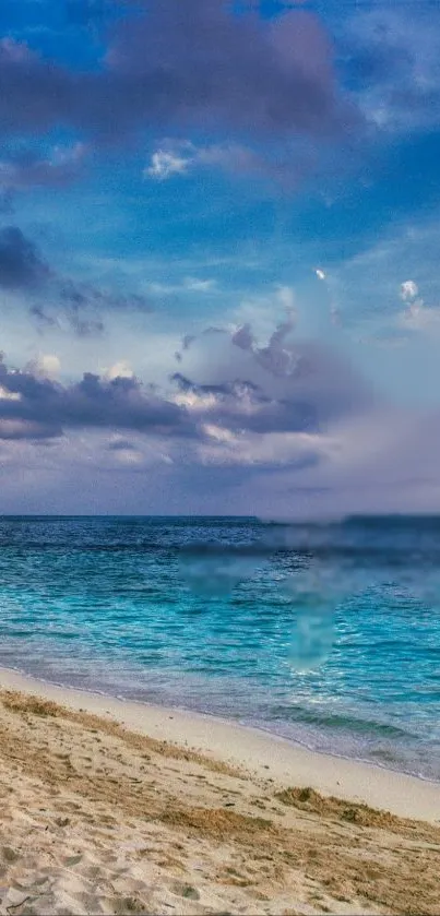 Serene tropical beach with blue ocean and sky under scattered clouds.